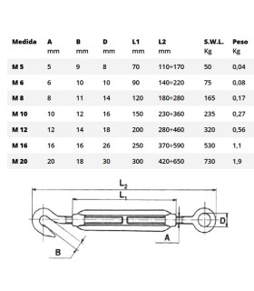 TENSOR ABIERTO GANCHO-ANILLA INOX M10