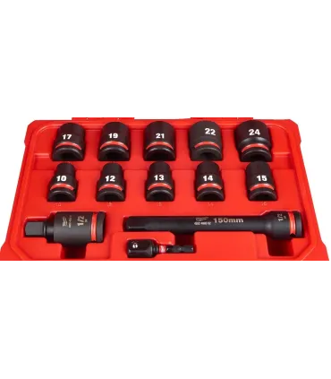 JUEGO 13 VASOS IMPACTO 1/2" MILWAUKEE 10-24mm CORTOS